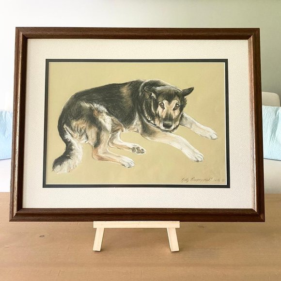 Vintage Framed Color Pencil Drawing Print-A German Shepherd By Kelly Gwpozynsh